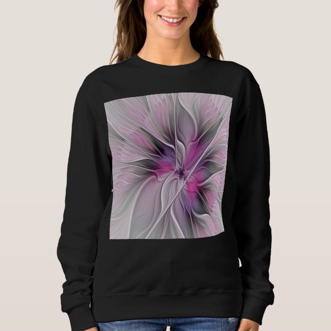 Sweatshirt Fractal Floral Moderne Abstrait Fleur Rose Gris (Devant)