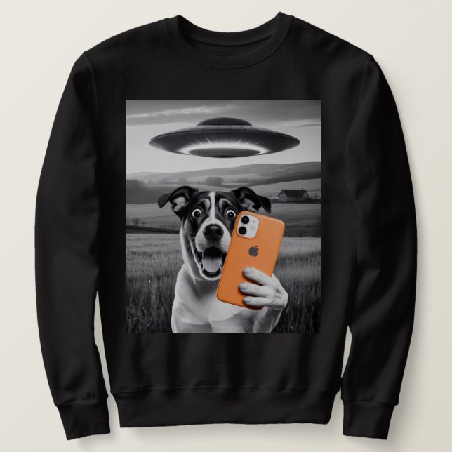 Sweatshirt Funny Alien UFO Dog Selfie - Cool Cat & Space UFO  (Design devant)
