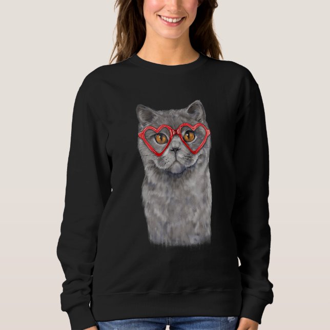 Sweatshirt Funny Cat Heart Glasses Valentine's Day British Sh (Devant)