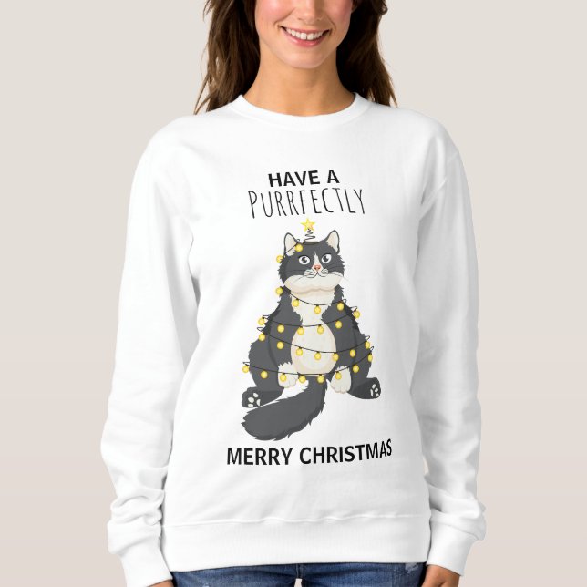 Sweatshirt Funny Cat Wrapped in Christmas Lights Winter Humor (Devant)