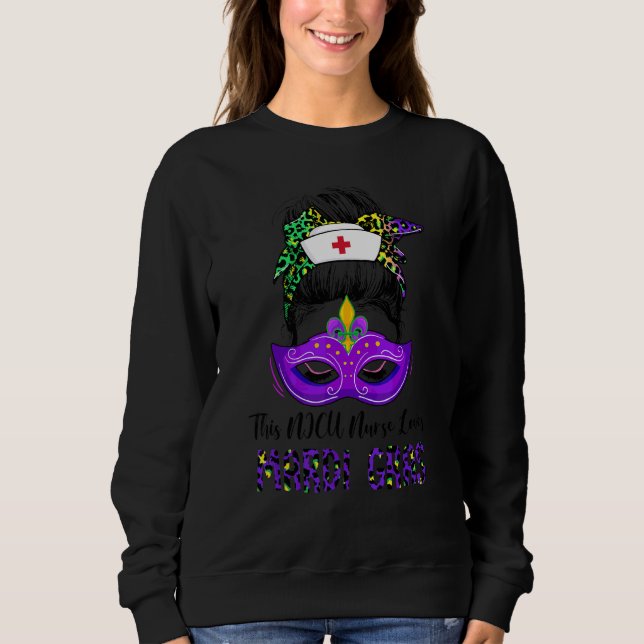 Sweatshirt Funny Nicu Nurse Leopard Messy Bun Mardi Gras Carn (Devant)