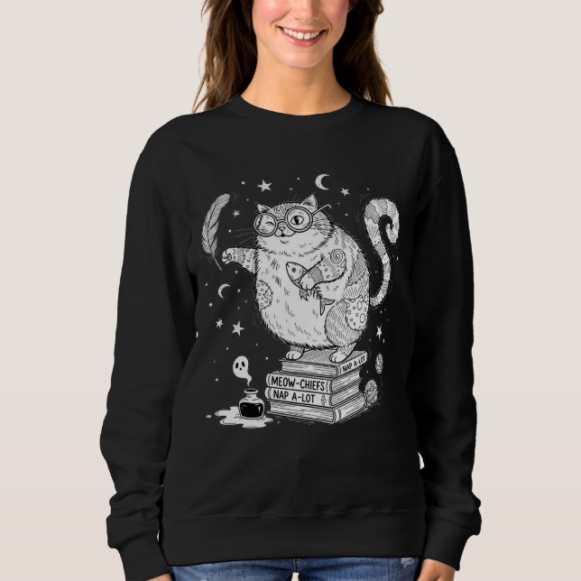 Sweatshirt Funny Witchy Cat on Books  (Devant)