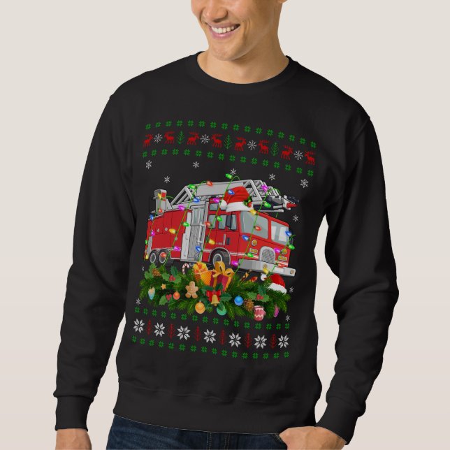 Sweatshirt Funny Xmas Lighting Tree Père Noël Ugly Fire Truck (Devant)