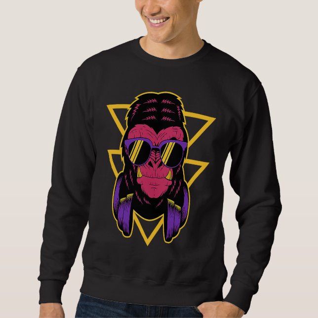 Sweatshirt Gorille DJ Rétro avec Casque Gorille à Dos Argenté (Devant)