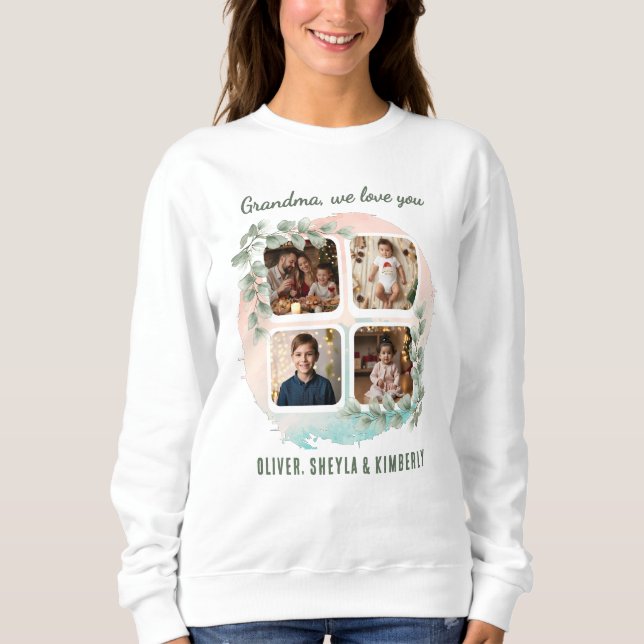 Sweatshirt Grandma we love you 6 Photo Collage Eucalyptus (Devant)
