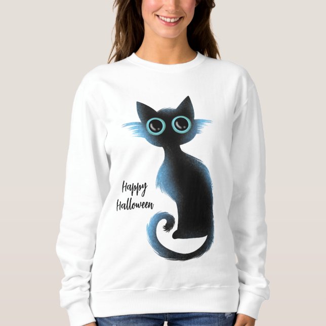 Sweatshirt Halloween Big Eyes Black Blue Evil Chat (Devant)
