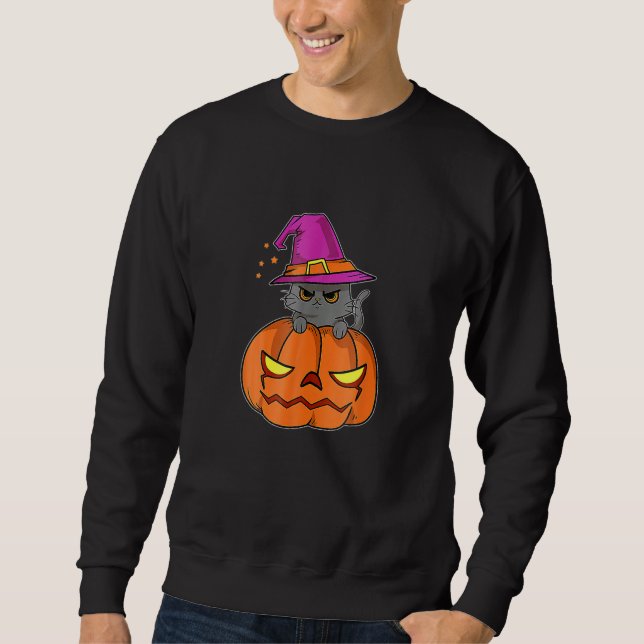 Sweatshirt Halloween Cat Wearing A Witch Hat With Pumpkin For (Devant)