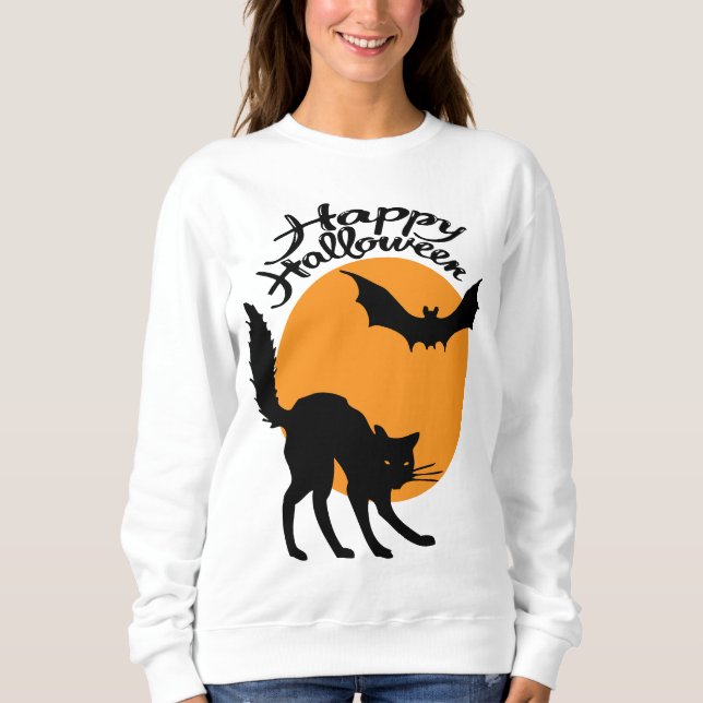 Sweatshirt Halloween chat noir et chauve-souris avec lune, ha (Devant)