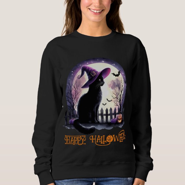 Sweatshirt Halloween Chat Noir sorcière et chauves-souris (Devant)