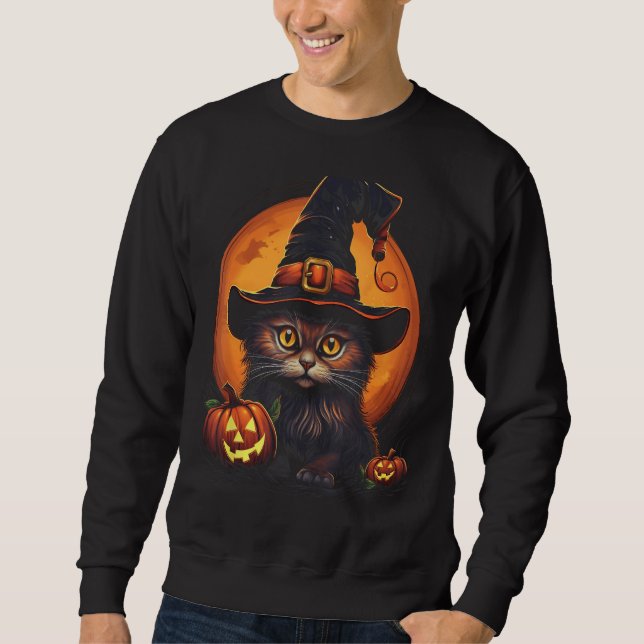 Sweatshirt Halloween Chat Sorcière Casquette Costume Citrouil (Devant)