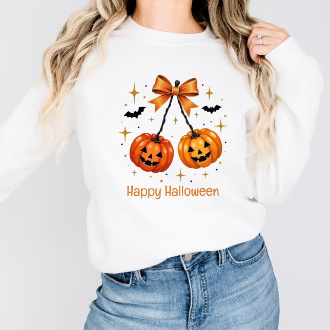 Sweatshirt Halloween Citrouilles Coquette esthétique Orange B (Halloween Pumpkins Orange Bow Coquette Aesthetic Personalized Sweatshirt for her)