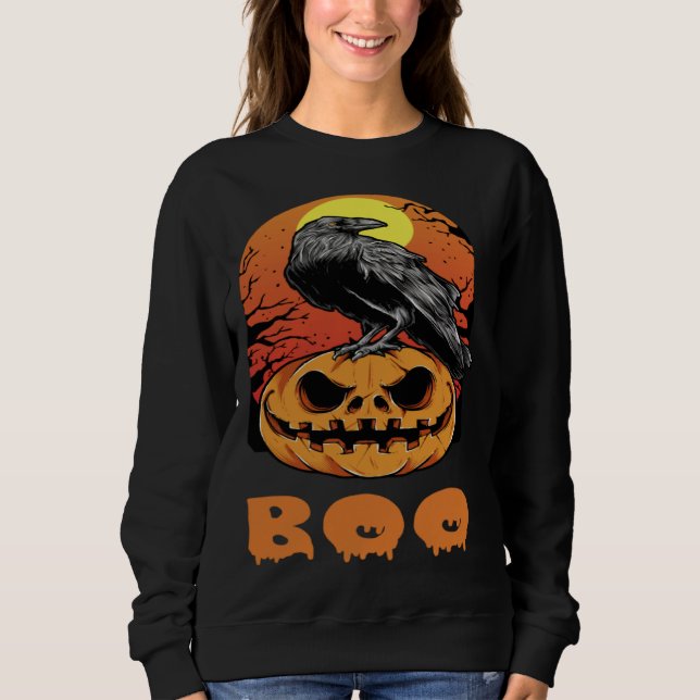Sweatshirt Halloween Crow Raven Moon Pumpkin Costume Boo (Devant)