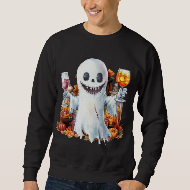 Sweatshirt Halloween Party with Ghost drinks wine (Devant)