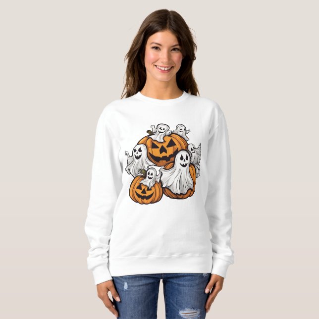 Sweatshirt Halloween : petits fantômes avec des citrouilles - (Devant entier)