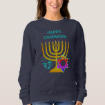 Sweatshirt Hanoukka moderne HAPPY CHANUKAH<br><div class="desc">Hanoukka moderne HAPPY CHANUKAH sweatshirt unisex, avec CUSTOMIZABLE TEXTE, conçu avec faux menorah or, l'étoile colorée de David et le dreidel couleur argent plus CUSTOMIZABLE GREETING, afin que vous puissiez créer votre propre salutation. Chandail homme ou femme idéal pour la saison Hanoukka. Choisissez parmi une large gamme de vêtements et...</div>