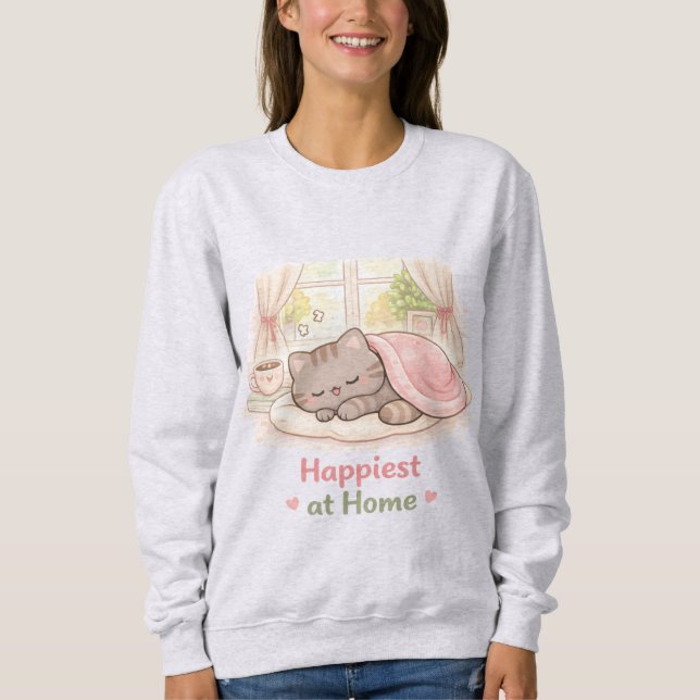Sweatshirt Happiest at Home Kawaii Cute Kitty Cat Homebody (Devant)