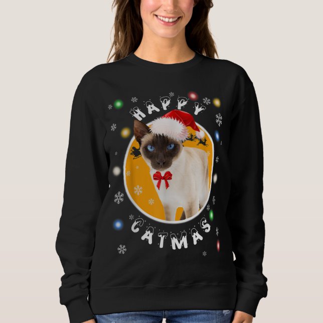 Sweatshirt Happy Catmas Siamese Chat de Noël à Santa Hat (Devant)