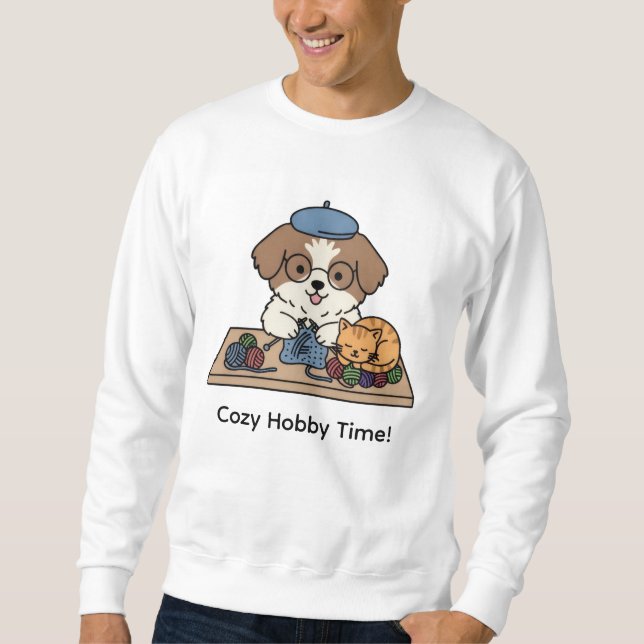 Sweatshirt Happy Dog Knitting Cozy Hobby Time Graphic (Devant)