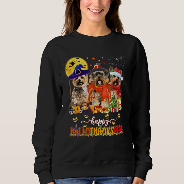Sweatshirt Happy Hallothanksmas Cute Yorkie Wizard Hat Turkey (Devant)