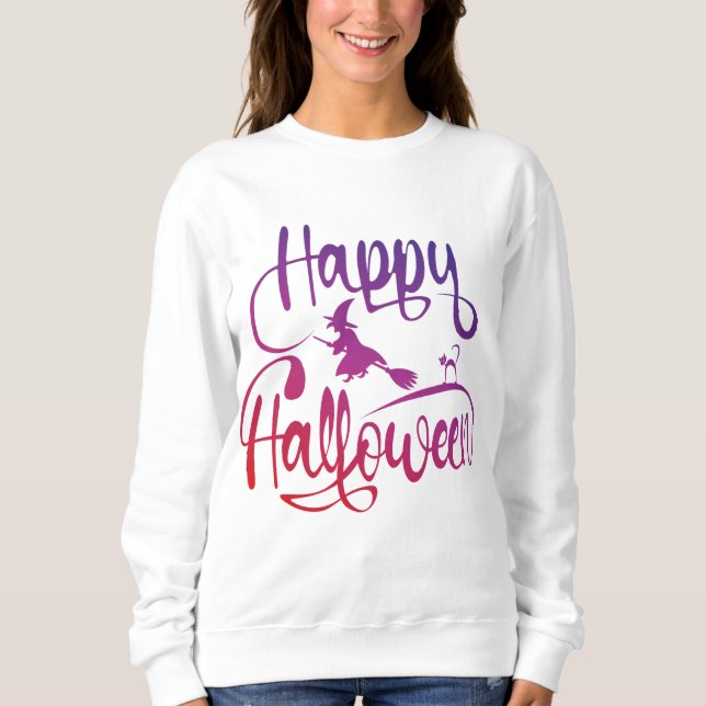 Sweatshirt Happy Halloween dégradé volant sorcière chat (Devant)