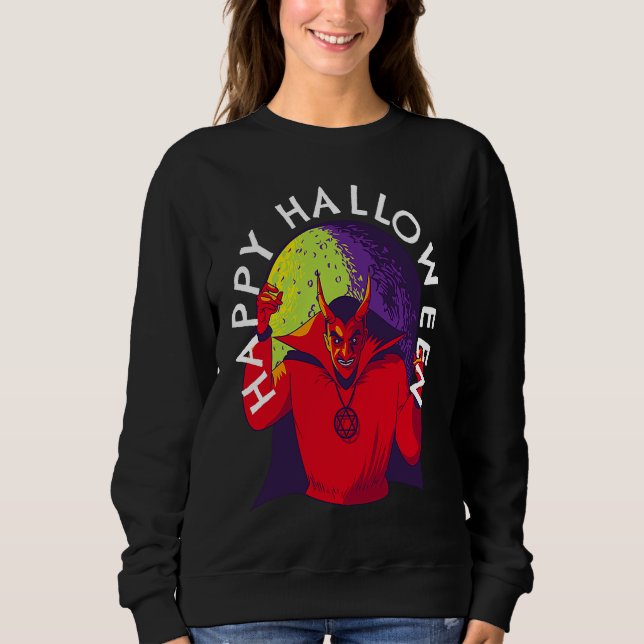 Sweatshirt Happy Halloween Spooky Devil Satan in Full Moon (Devant)