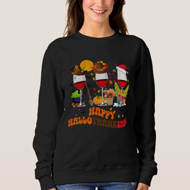 Sweatshirt Happy Halothanksmas Wine Glasses Drinking  Christm (Devant)