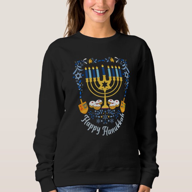 Sweatshirt Happy Hanukkah Menorah Dreidel Magen David Jewish  (Devant)