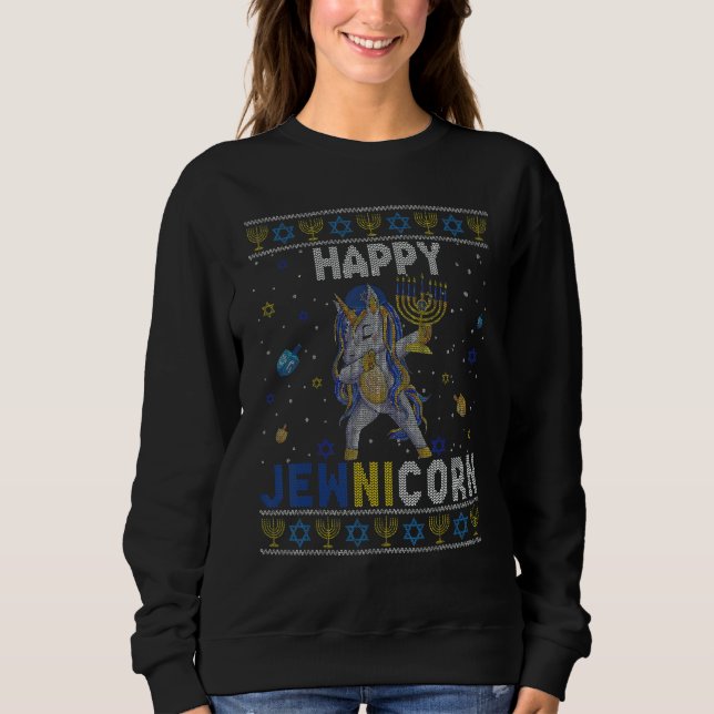 Sweatshirt Happy Jewnicorn Hanukkah Sweater Dabbing Unicorn M (Devant)
