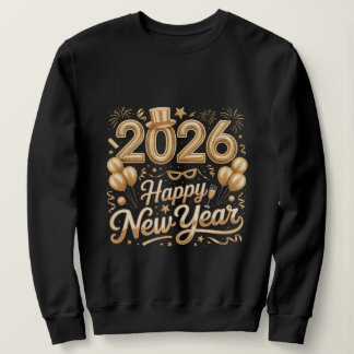 Sweatshirt Happy New Year 2026 Gold Lettering T‑Shirt with Ba