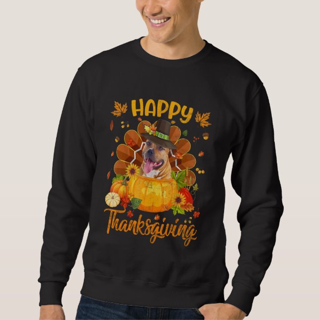 Sweatshirt Happy Thanksgiving Pitbull Dog Turkey Pumpkin (Devant)