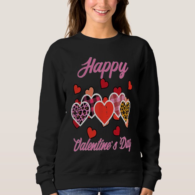 Sweatshirt Happy Valentines Day Leopard Plaid Hearts Women Gi (Devant)