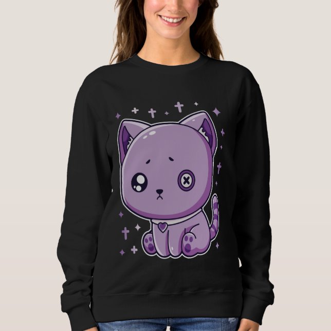 Sweatshirt Harajuku Gothic Creepy Sad Purple Cat Novelty Kawa (Devant)