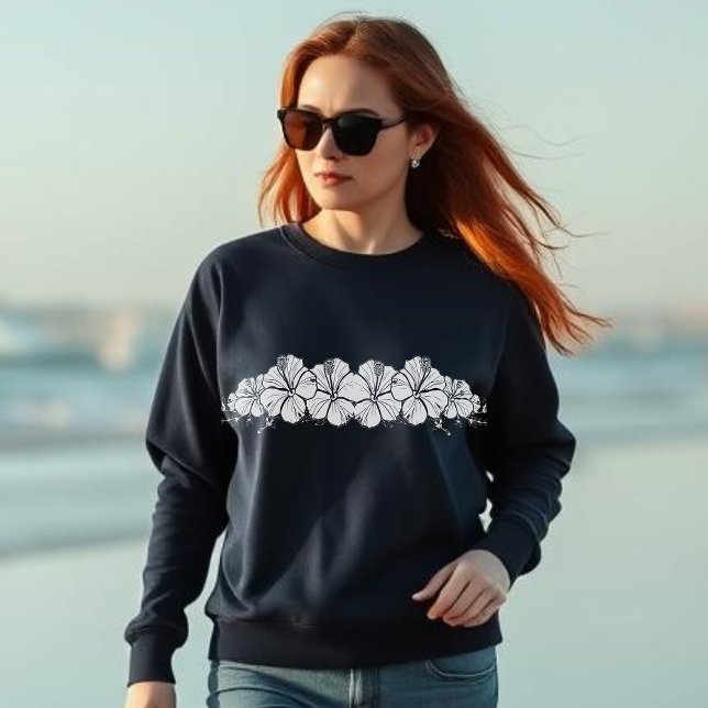 Sweatshirt Hawaiian Hibiscus Fleurs Marine Bleu (Hawaiian Tropical Hibiscus Flowers, Summer, Beach, Fisherman Trend 2025 Beach Summer Sweatshirt
)