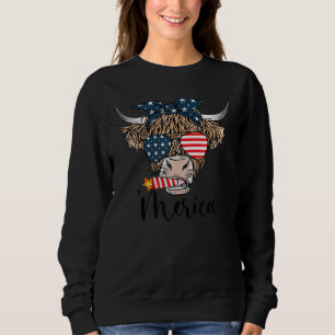 Sweatshirt Highland Cow Merica 4 Juillet Us Drapeaux lunettes