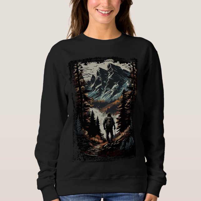 Sweatshirt Hiking camping mountains sunset hiker retro 70s vi (Devant)