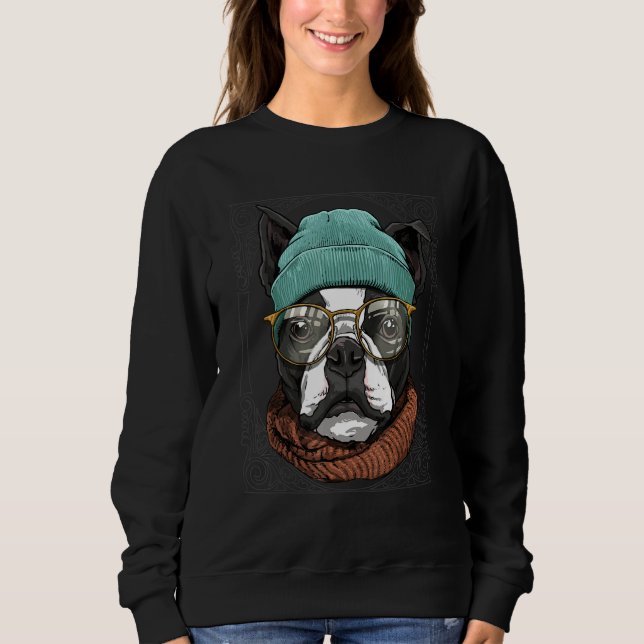Sweatshirt Hipster Boston Terrier Animal Wearing Sunglasses D (Devant)