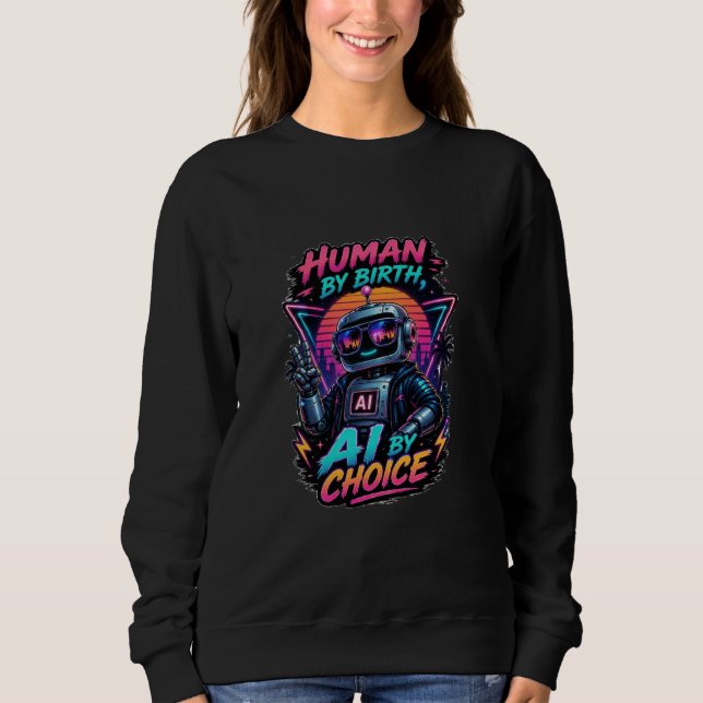 Sweatshirt Humain de naissance, IA par choix, néon robotique  (Devant)