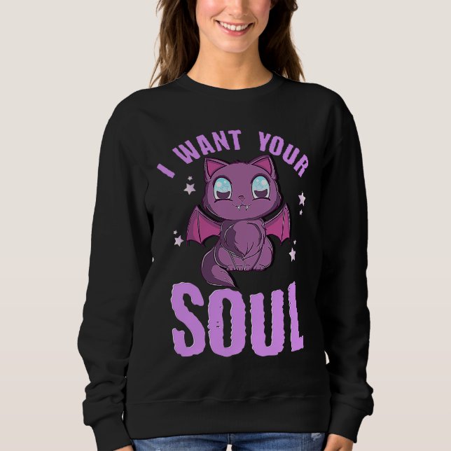 Sweatshirt I Want Your Soul Funny Halloween Cute Black Cat Ba (Devant)