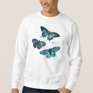 Sweatshirt Illustration bleue turquoise vintage de papillon -