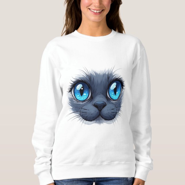 Sweatshirt Illustration de visage de chat yeux bleus de près (Devant)