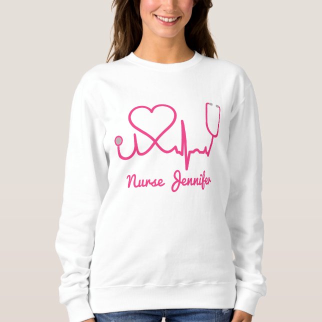 Sweatshirt Infirmière personnalisée rose Nom Stethoscope Coeu (Devant)