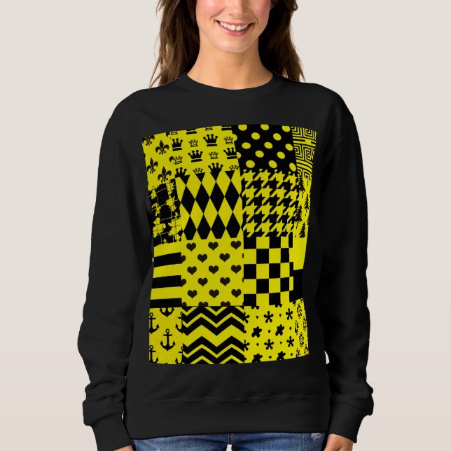 Sweatshirt Jaune Noir Mixte Conception Motif Patchwork (Devant)