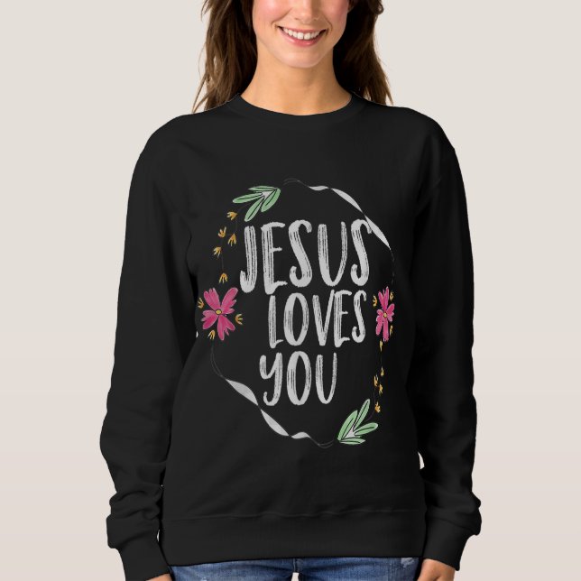 Sweatshirt Jésus vous aime avec cadre de fleurs rondes Graphi (Devant)