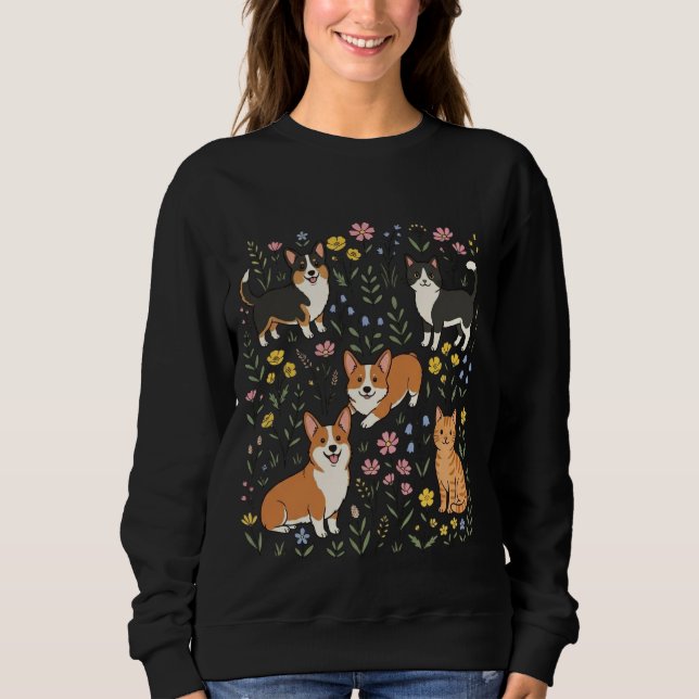 Sweatshirt Joli Chat Corgi Fleur Sauvage  (Devant)