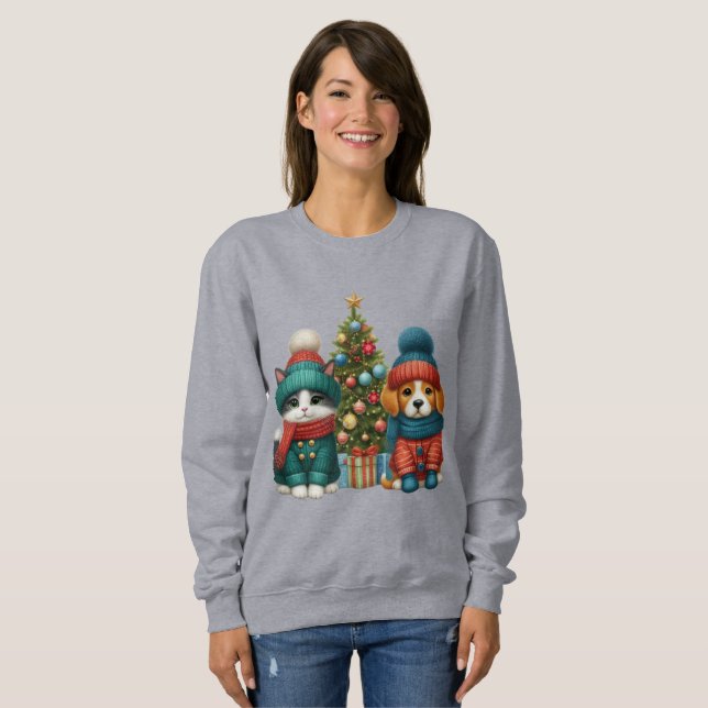 Sweatshirt Joli chiot de Noël & chaton (Devant entier)