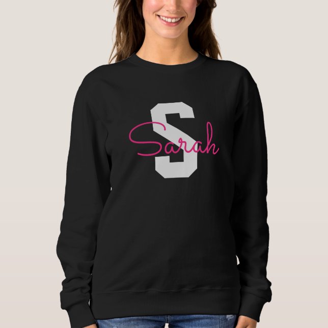 Sweatshirt Joli nom et monogramme | Noir Blanc et Rose (Devant)