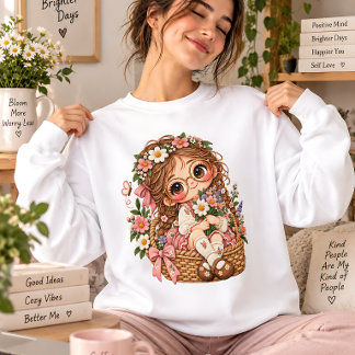 Sweatshirt Jolie Fille Florale dans Panier Illustration Cotta
