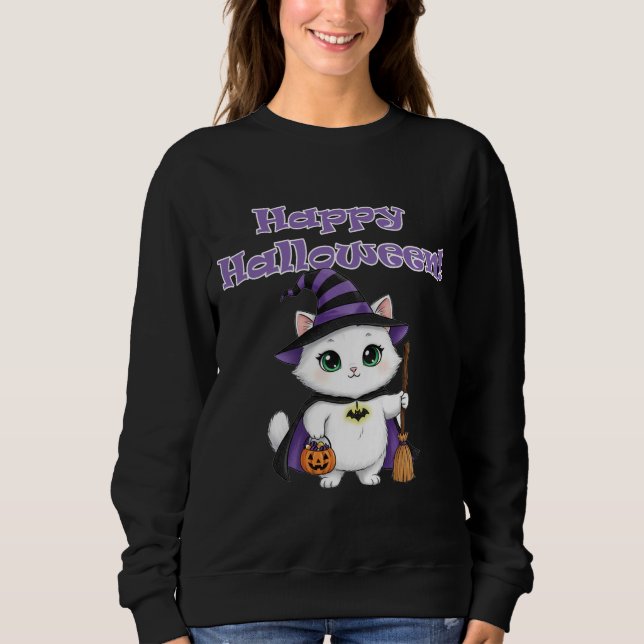 Sweatshirt Jolie sorcière blanche chat heureuse Halloween (Devant)