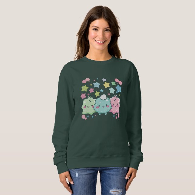 Sweatshirt Jolis amis kawaii et duveteux, vert forêt profond  (Devant entier)