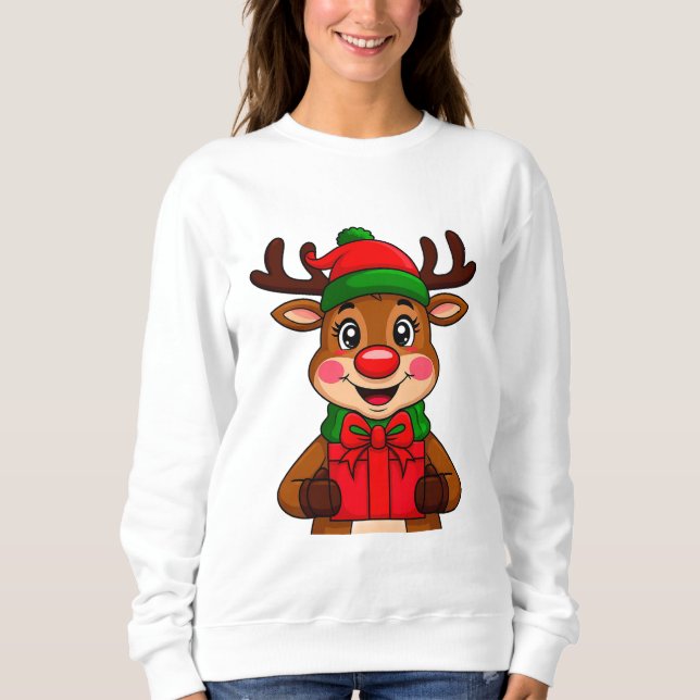 Sweatshirt Jolis rennes de Noël tenant un cadeau (Devant)